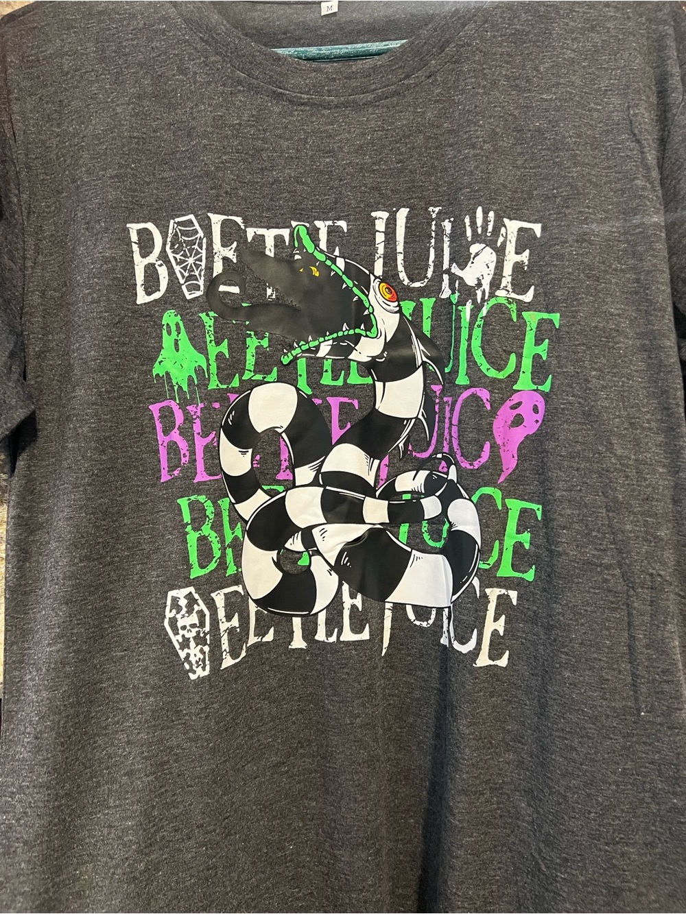Beetlejuice Graphic Tee - Charcoal with Green & Purple Snake Print